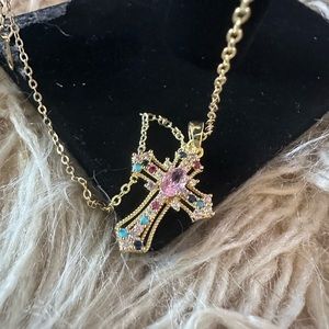 Cubic Zirconia Multi-Color Cross a Faux Gold 15..7” to 17.7” Adjustable Chain